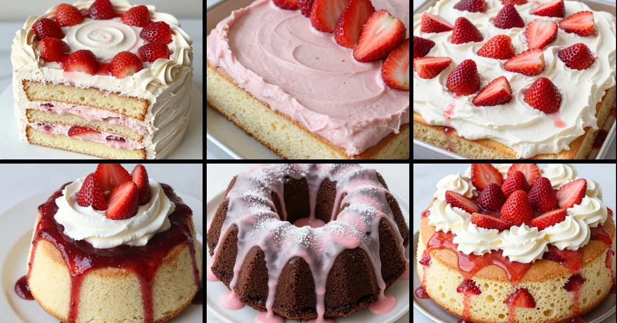 Collage of six strawberry cake recipes featuring layer cakes, sheet cakes, and Bundt cake with various frostings and toppings.