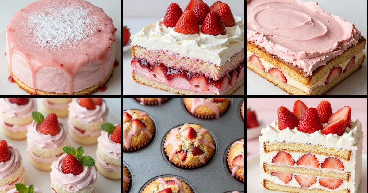 Collage of six strawberry cake variations including glazed snack cakes, poke cake, sheet cake, mini layers, muffins, and icebox cake.