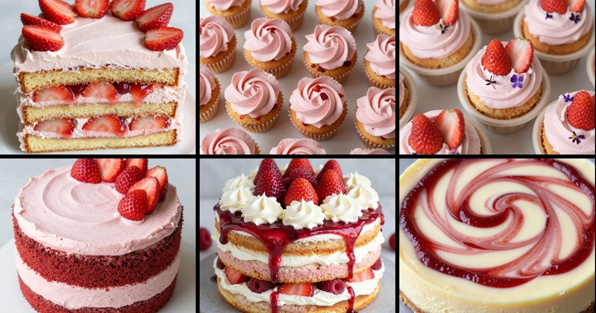 Collage of six strawberry cake recipes including layer cakes, cupcakes, mini cakes, and cheesecake with various frostings and toppings.