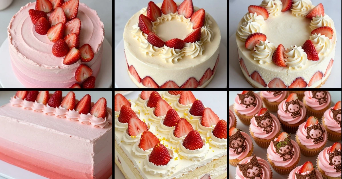 Collage of six strawberry cake recipes including layered cakes, mousse cakes, sheet cakes, and frosted cupcakes with various decorative styles.