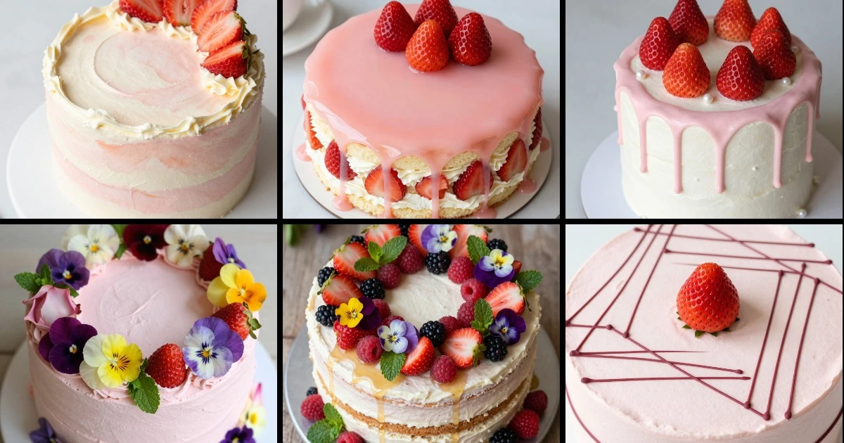 Collage of six strawberry cake designs featuring watercolor, mirror glaze, drip, frosted, rustic, and minimalist styles.