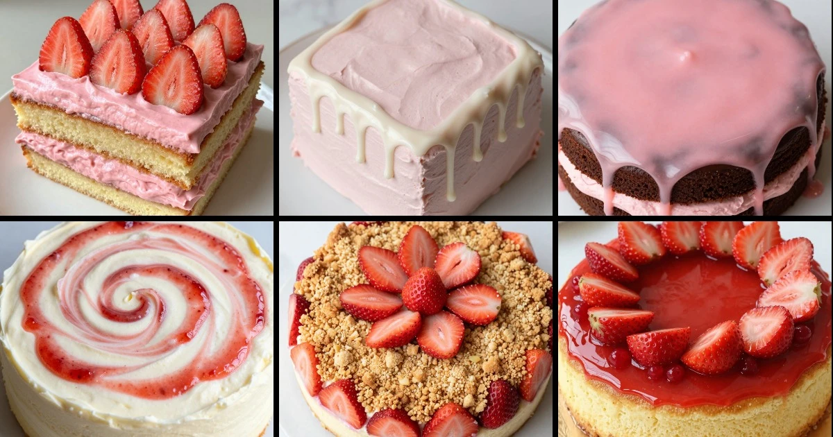 Collage of six square strawberry cake recipes featuring pink buttercream, chocolate, lemon, and shortcake variations with fresh strawberries.