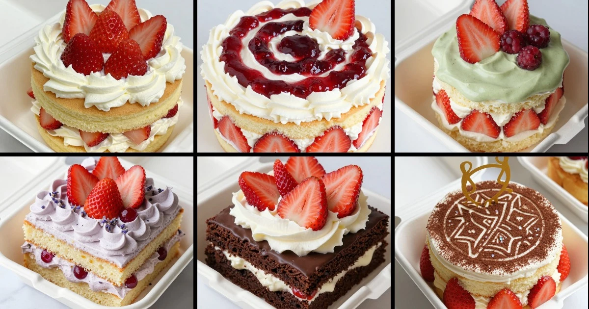 Collage of six strawberry bento cake variations featuring layered, swirled, matcha, lavender, brownie, and stenciled designs.