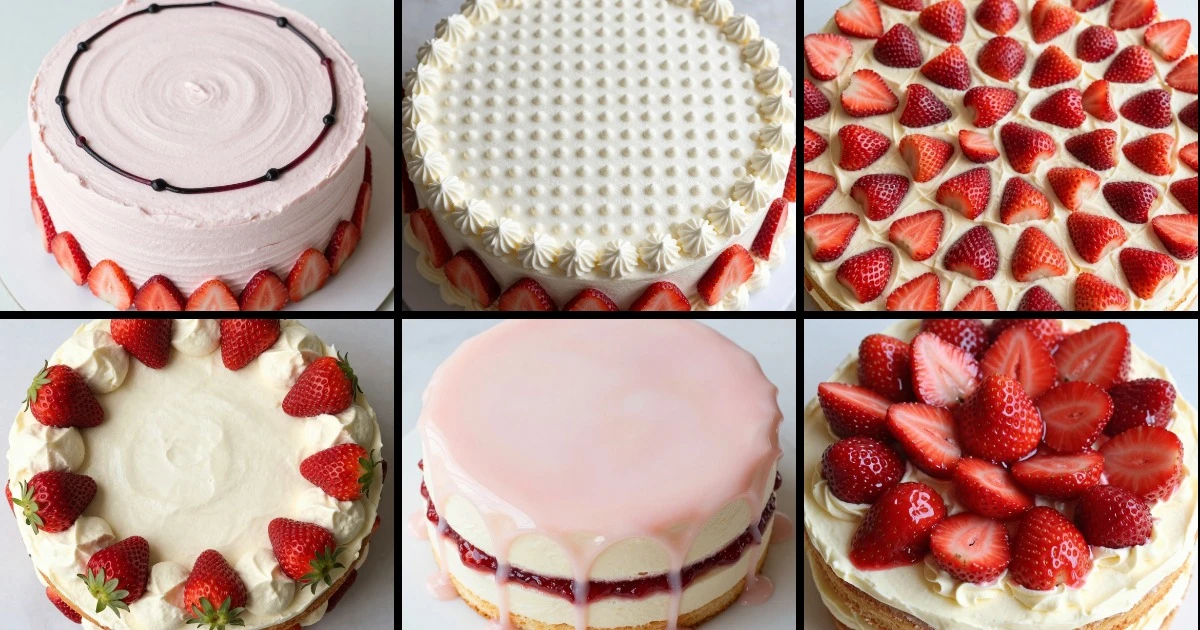 Six strawberry cake designs featuring piped patterns, geometric arrangements, fresh berries, and glossy glazes.