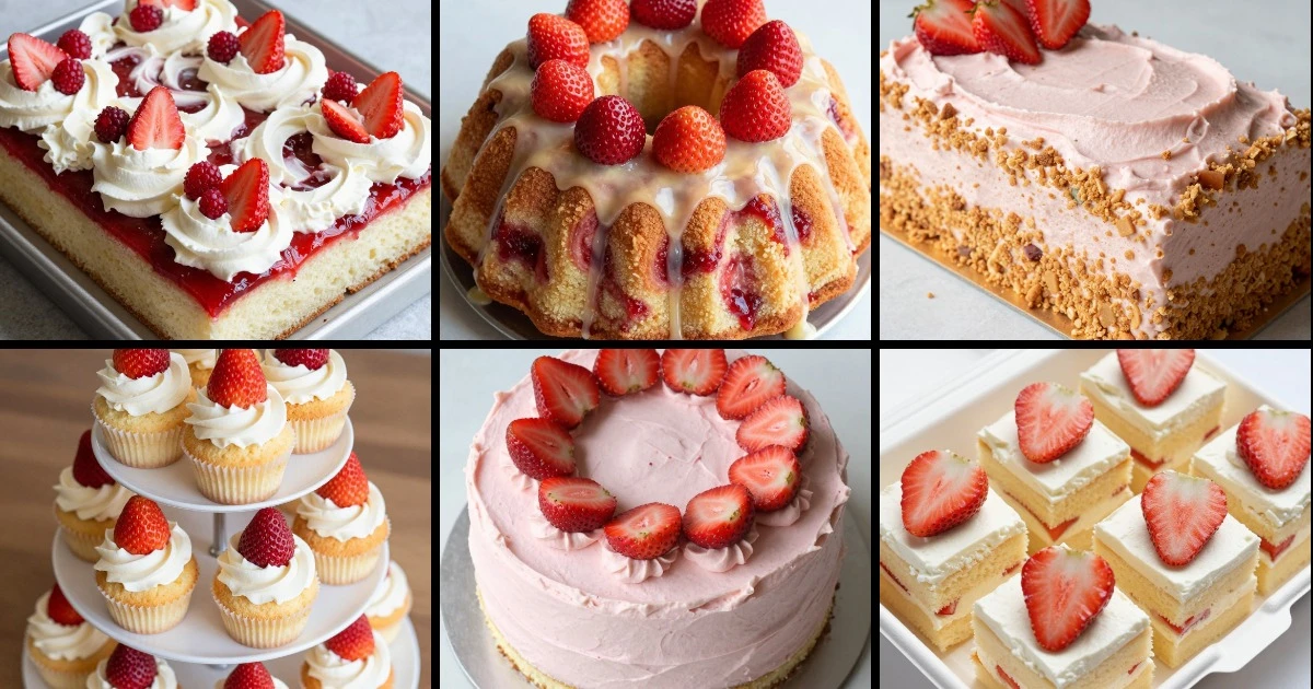 Collage of six strawberry cake recipes including sheet cakes, bundt cake, cupcakes, layered cake, and cake squares.