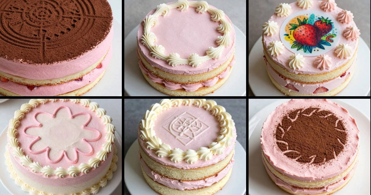 Collage of six strawberry cake recipe drawings showing layered cakes with various frosting designs and decorative techniques.