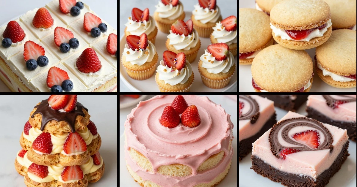 Collage of six strawberry dessert recipes for kids including cakes, cupcakes, cookies, cream puffs, and brownies with various toppings.