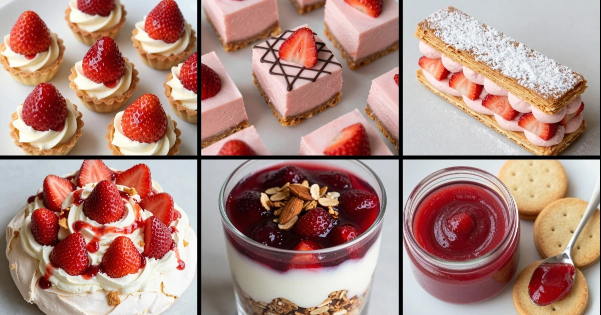 Collage of six strawberry desserts: tartlets, cheesecake bites, mille-feuille, pavlova, parfait, and curd with shortbread.