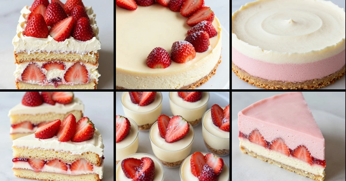 Collage of six no-bake strawberry cake recipes featuring icebox cakes, cheesecakes, and mousses with various crusts and toppings.