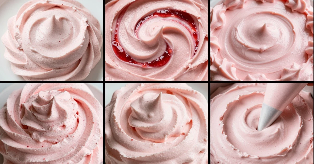 Collage of six strawberry cream cheese frosting variations showing different textures, colors, and styles from fluffy to glossy finishes.
