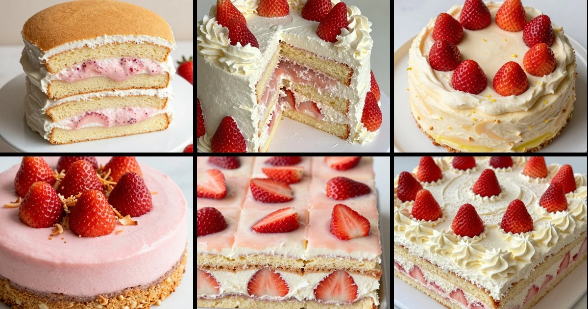 Collage of six vegan strawberry cakes featuring varied bases, frostings, and toppings with fresh berries.