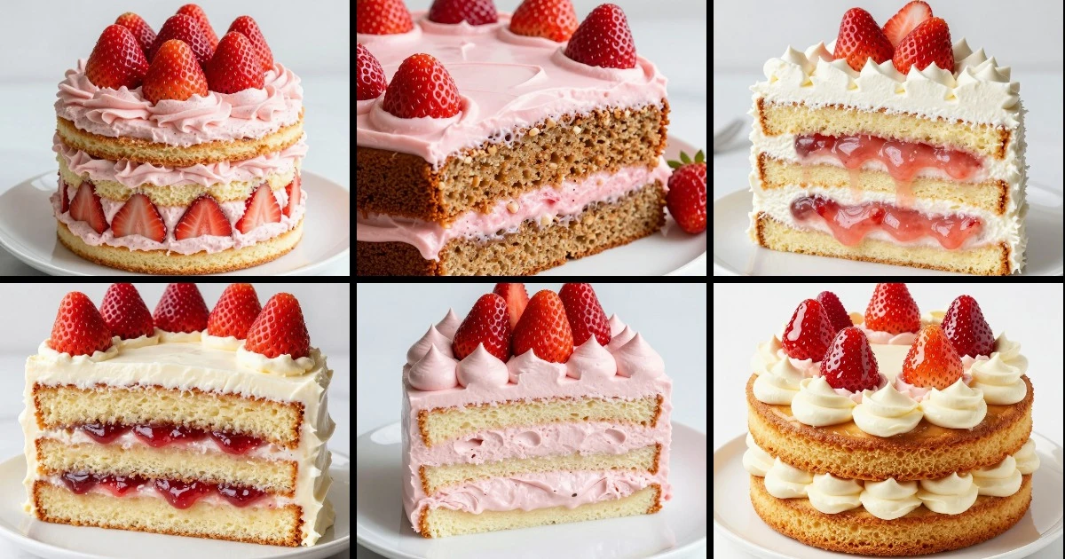 Collage of six strawberry layer cake variations featuring different frostings, fillings, and cake bases with fresh or candied berries.