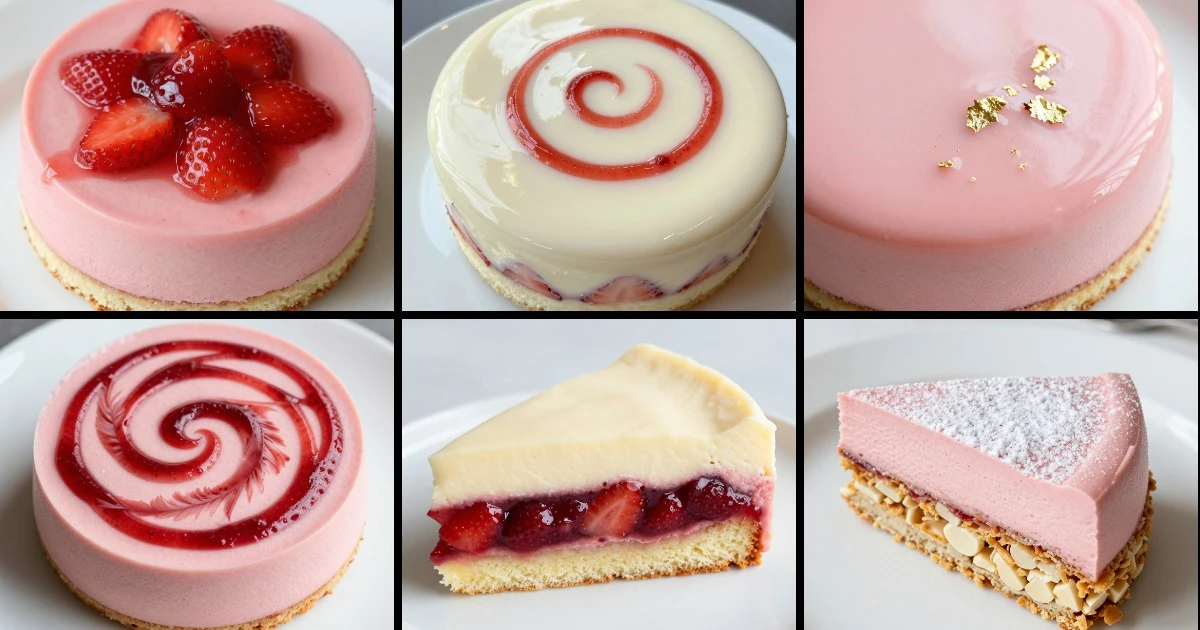 Collage of six strawberry mousse cake variations featuring different glazes, garnishes, and layering techniques.