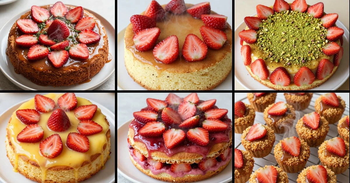 Collage of six strawberry upside-down cake variations featuring different flavor combinations, caramel bases, and presentation styles.