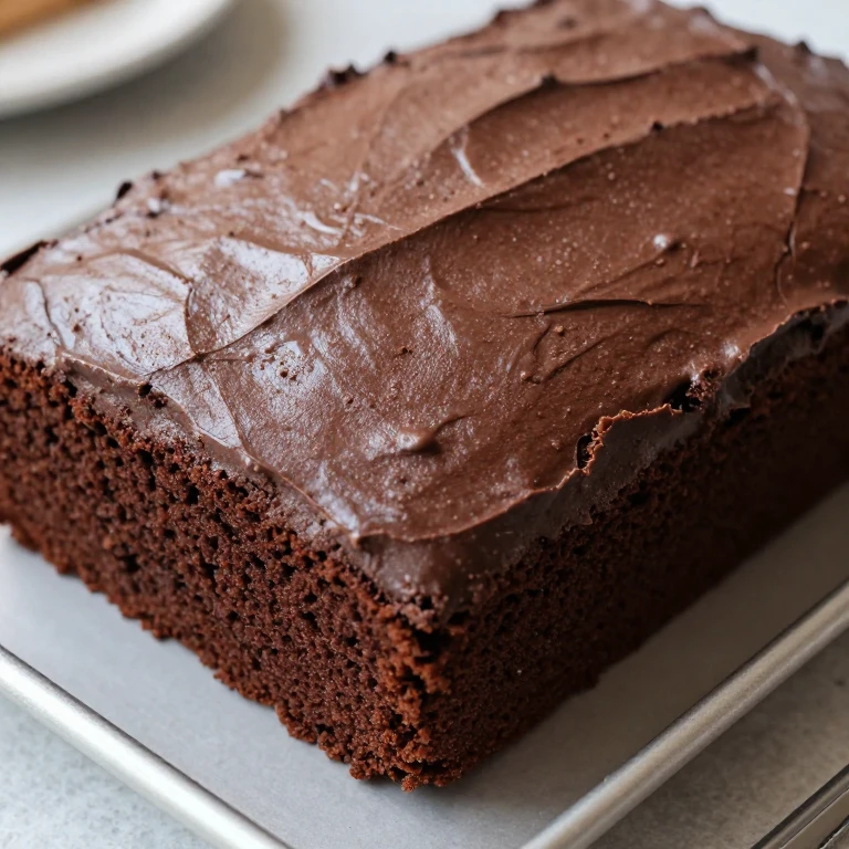 Classic cocoa buttermilk sheet cake in rectangular pan, deep brown chocolate color
