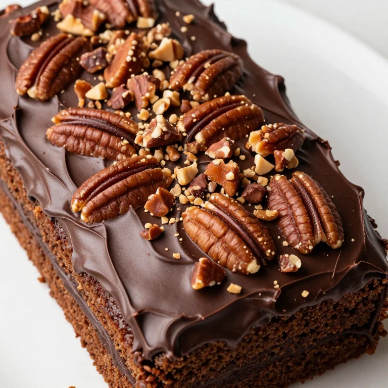 Texas sheet cake with chocolate frosting and chopped pecans on top