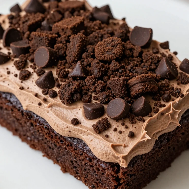 Chocolate sheet cake with chocolate frosting topped with crushed chocolate chip cookies