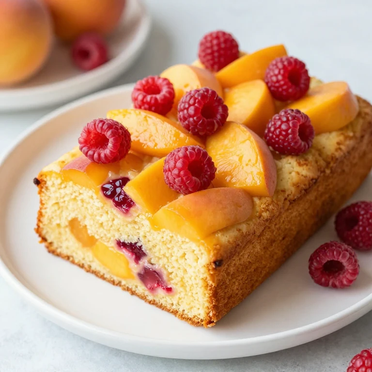 Peach raspberry sheet cake with fresh fruit pieces