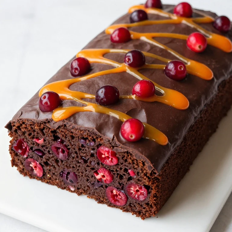 Dark chocolate cranberry sheet cake with glossy cranberry-orange glaze drizzle