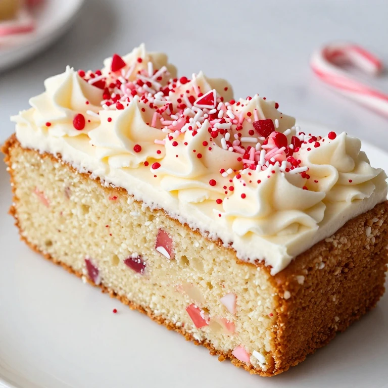 Candy cane crunch sheet cake with vanilla frosting and candy cane topping