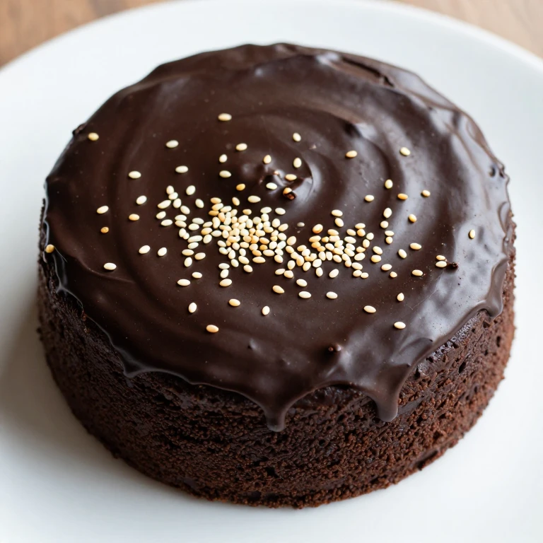 Black sesame chocolate sheet cake with ganache and toasted sesame seeds