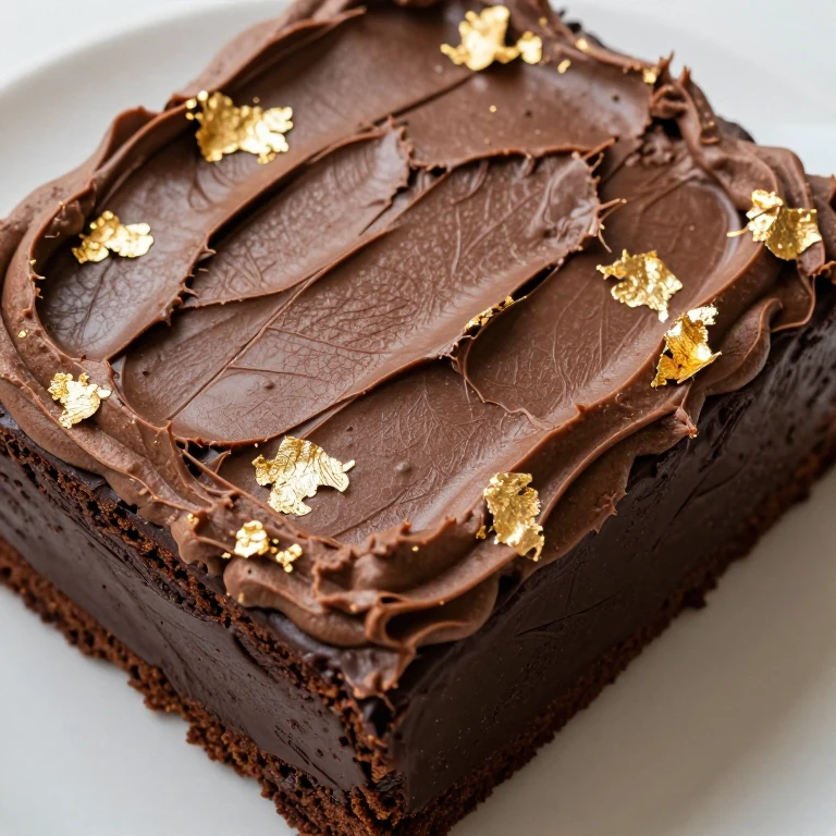 Chocolate fudge cake with textured palette-knife frosting and gold leaf