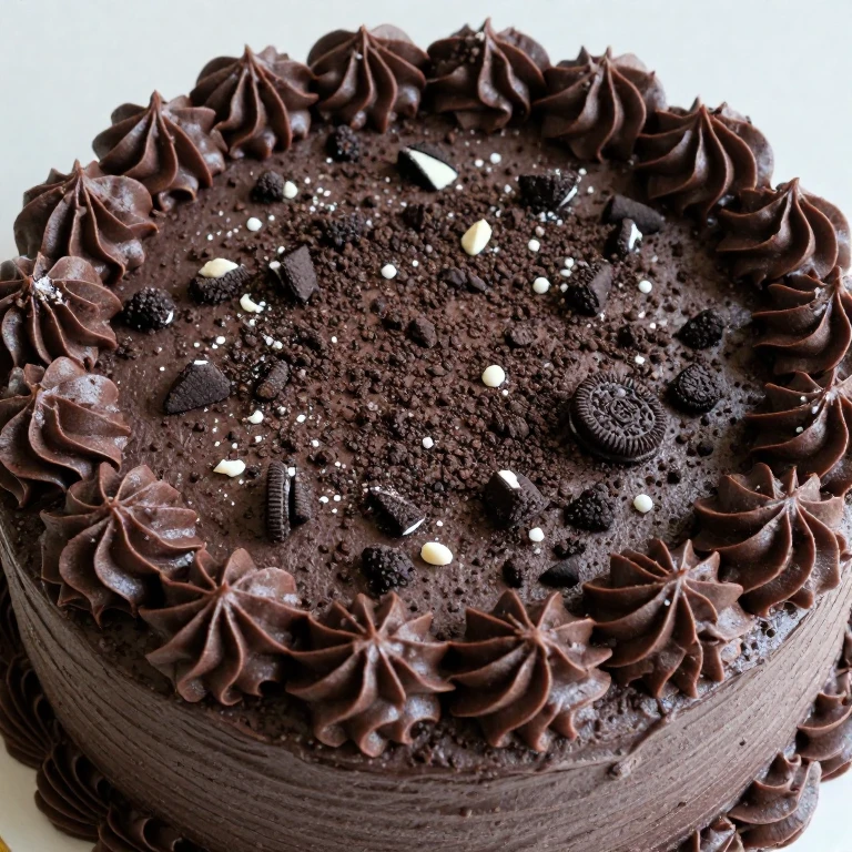 Cookies-and-cream cake with piped chocolate rosettes and Oreo crumb topping
