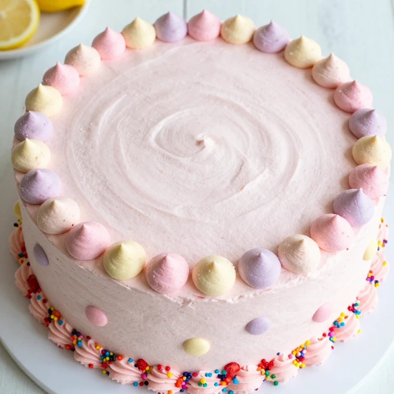 Strawberry lemonade cake with pastel piped dots and confetti edge