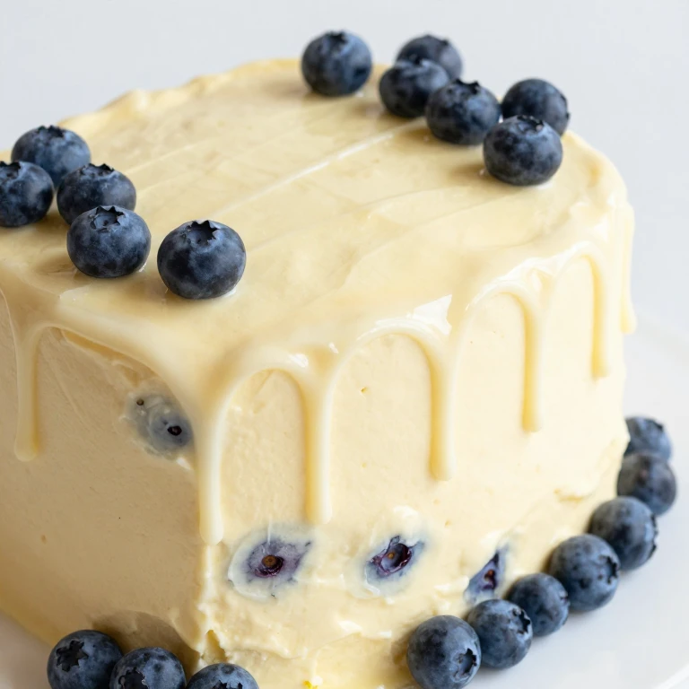 Lemon blueberry cake with white chocolate drips and fresh berry topping