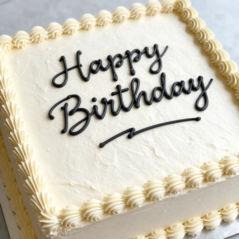 Vanilla cake with hand-lettered birthday message and geometric piped border