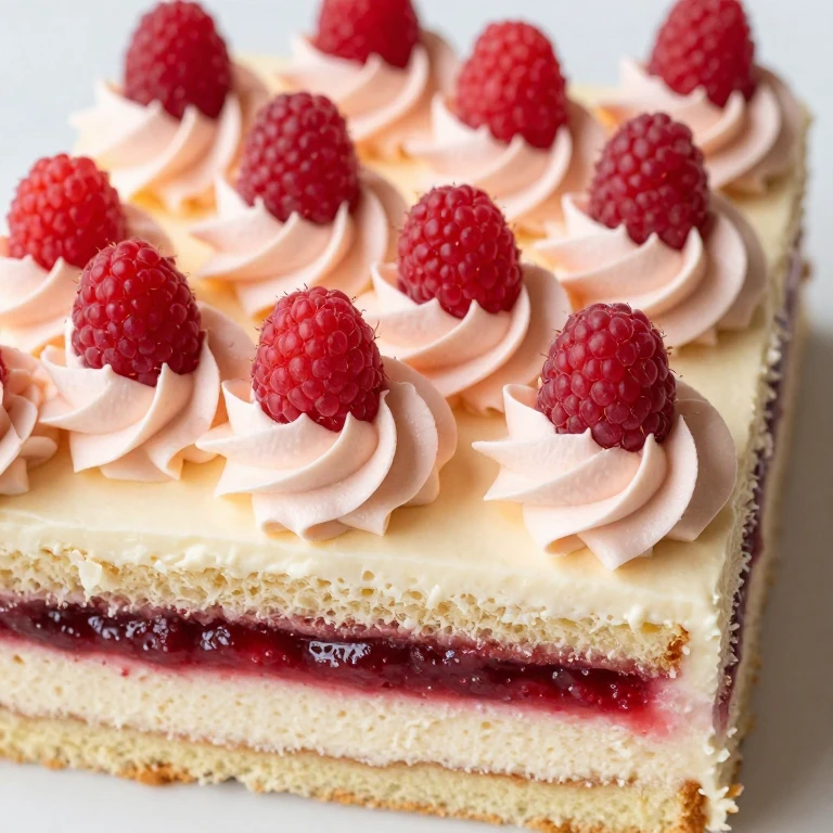 Almond cake with raspberry filling and buttercream rosette piping
