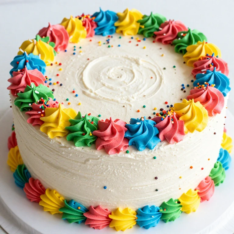 Funfetti cake with colorful buttercream swirls and rainbow piped border