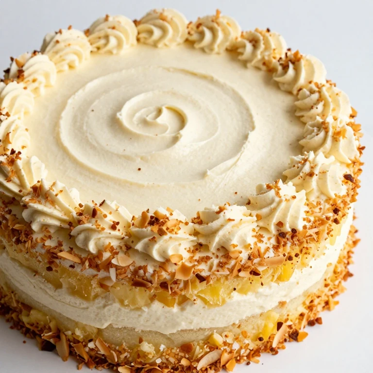 Piña colada cake with coconut buttercream and toasted coconut rim