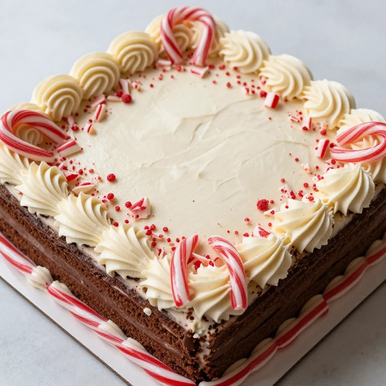 Candy cane swirl border cake with red and white piped edges and crushed candy cane topping