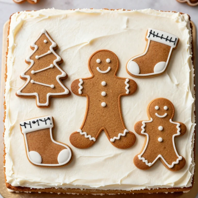 Gingerbread silhouette cake with decorated cookie cutouts standing upright in white frosting