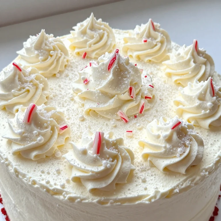 Snowy peak frosting cake with crushed candy canes and edible pearl dust creating frosted effect