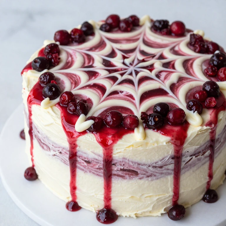 Cranberry swirl cake with white chocolate buttercream, red sauce swirls, and dried cranberry garnish