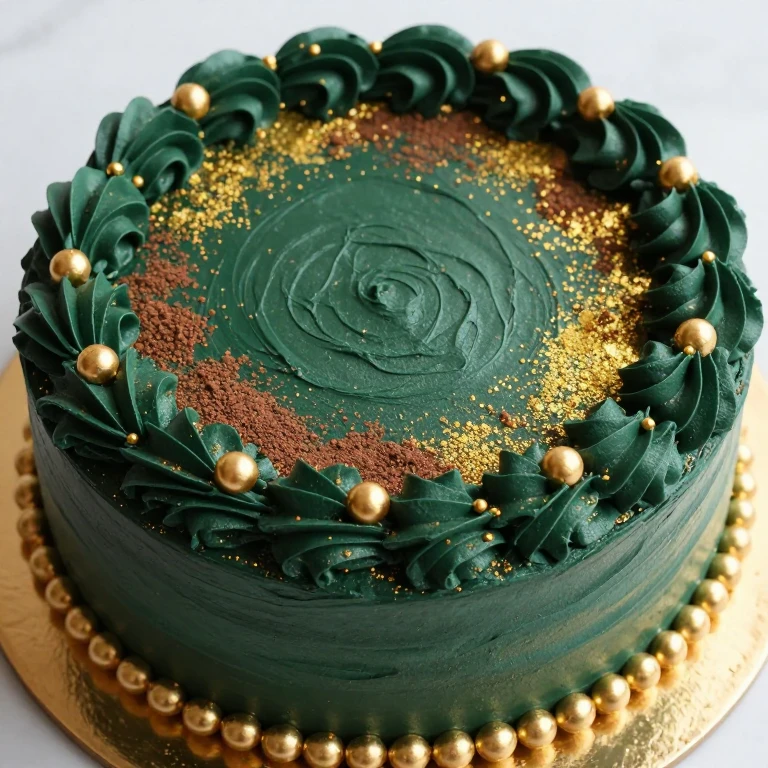 Deep emerald cake with gold pearl border and gold dust accents on chocolate cake base