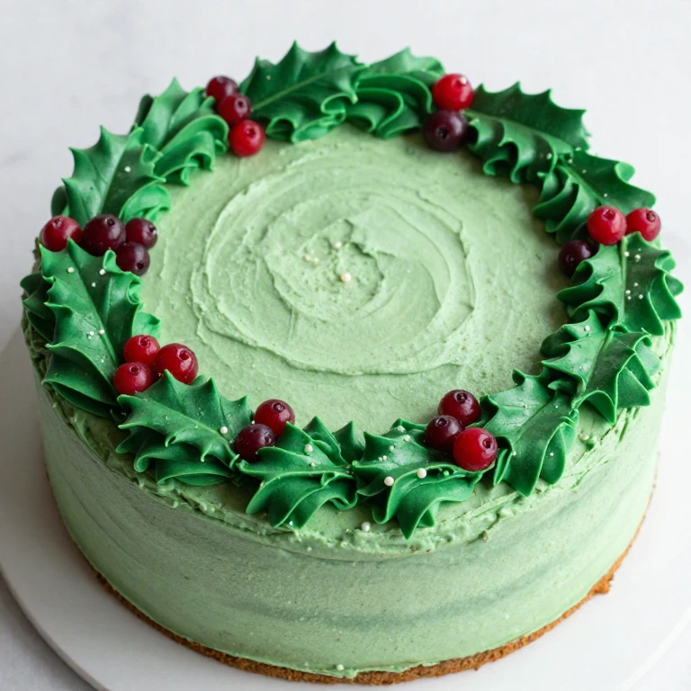 Holly and berry garland cake with green piped leaves and red berry clusters around edges