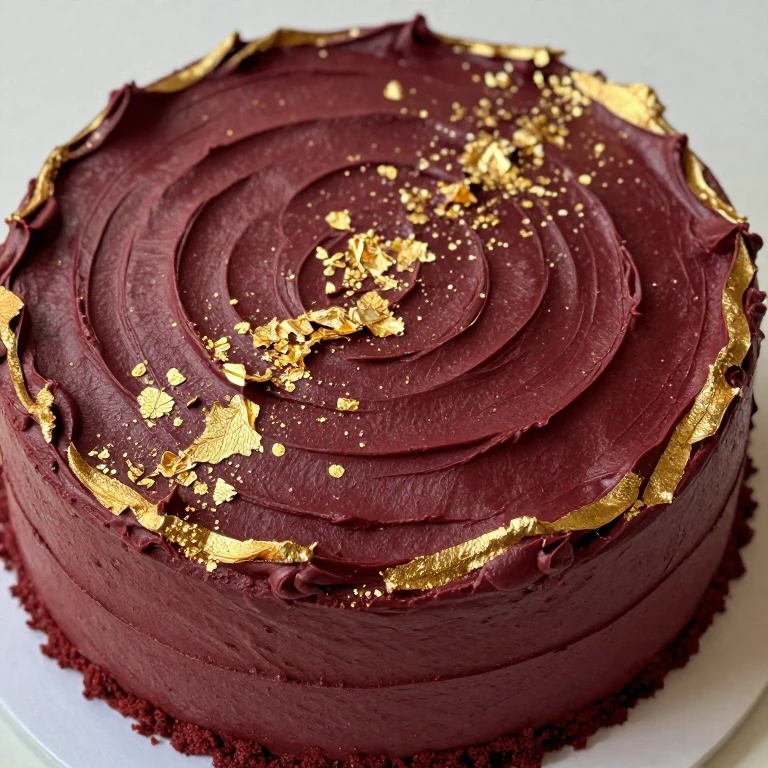 Burgundy velvet cake with scattered edible gold leaf pieces and gold dust accents