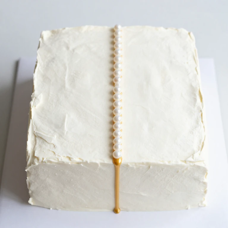 Minimalist white cake with single gold or colored centerline and edible pearl accent row