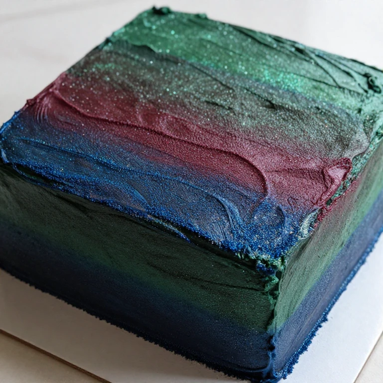 Ombre jewel tone cake with green, burgundy, and navy stripes covered in iridescent pearl dust