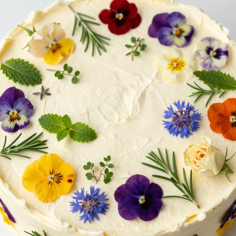 Pale buttercream cake decorated with edible flowers and fresh herbs