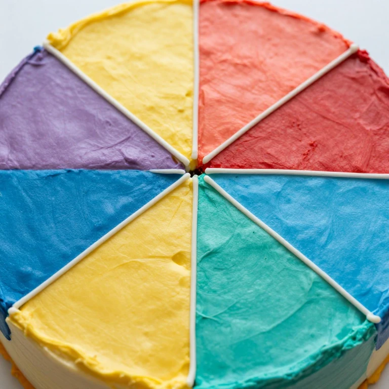 Cake frosted in four colorful geometric quarters with contrasting lines