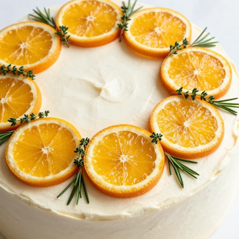 Buttercream cake topped with candied citrus wheels and fresh herb sprigs