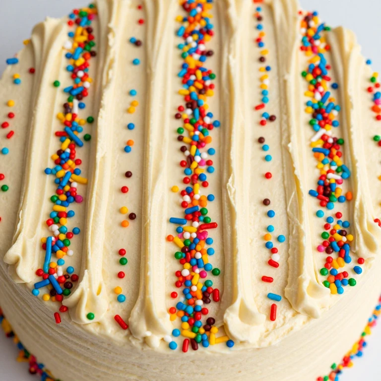 Cake decorated with parallel piped lines covered in colorful sprinkles