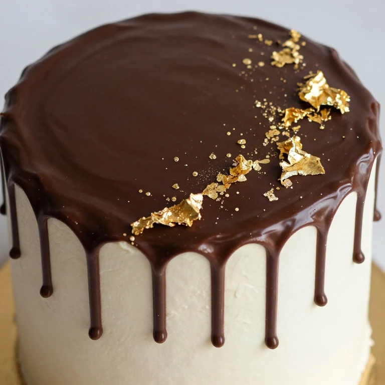 Cake with dark chocolate ganache drips and edible gold leaf accents