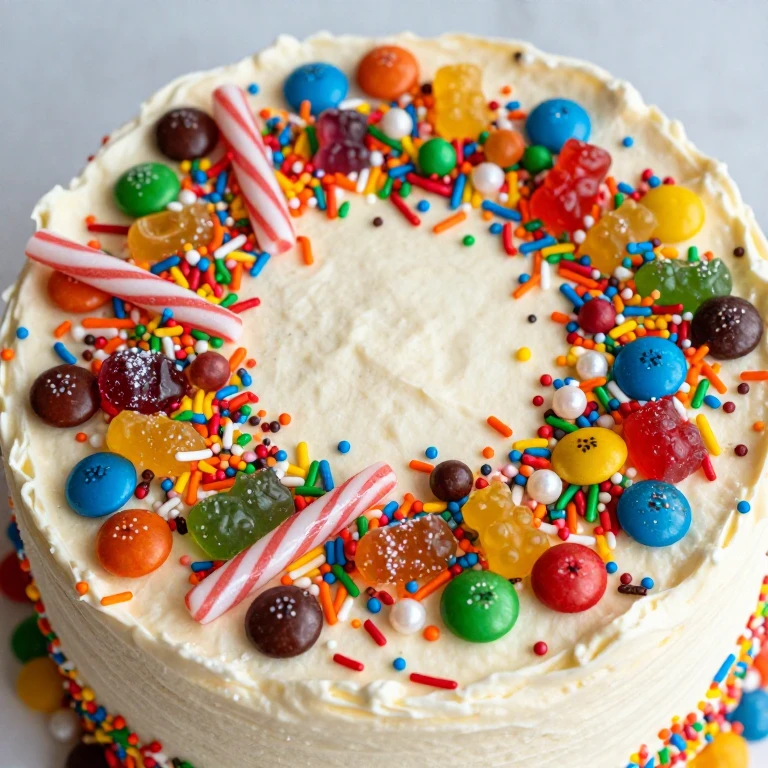 Cake covered with assorted colorful sprinkles and candy toppings