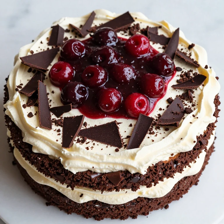 black forest sheet cake with whipped cream, cherry compote, and chocolate shavings
