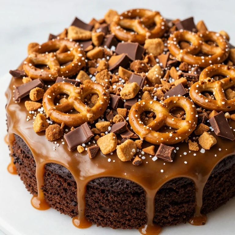 chocolate sheet cake with salted caramel and pretzel crunch topping